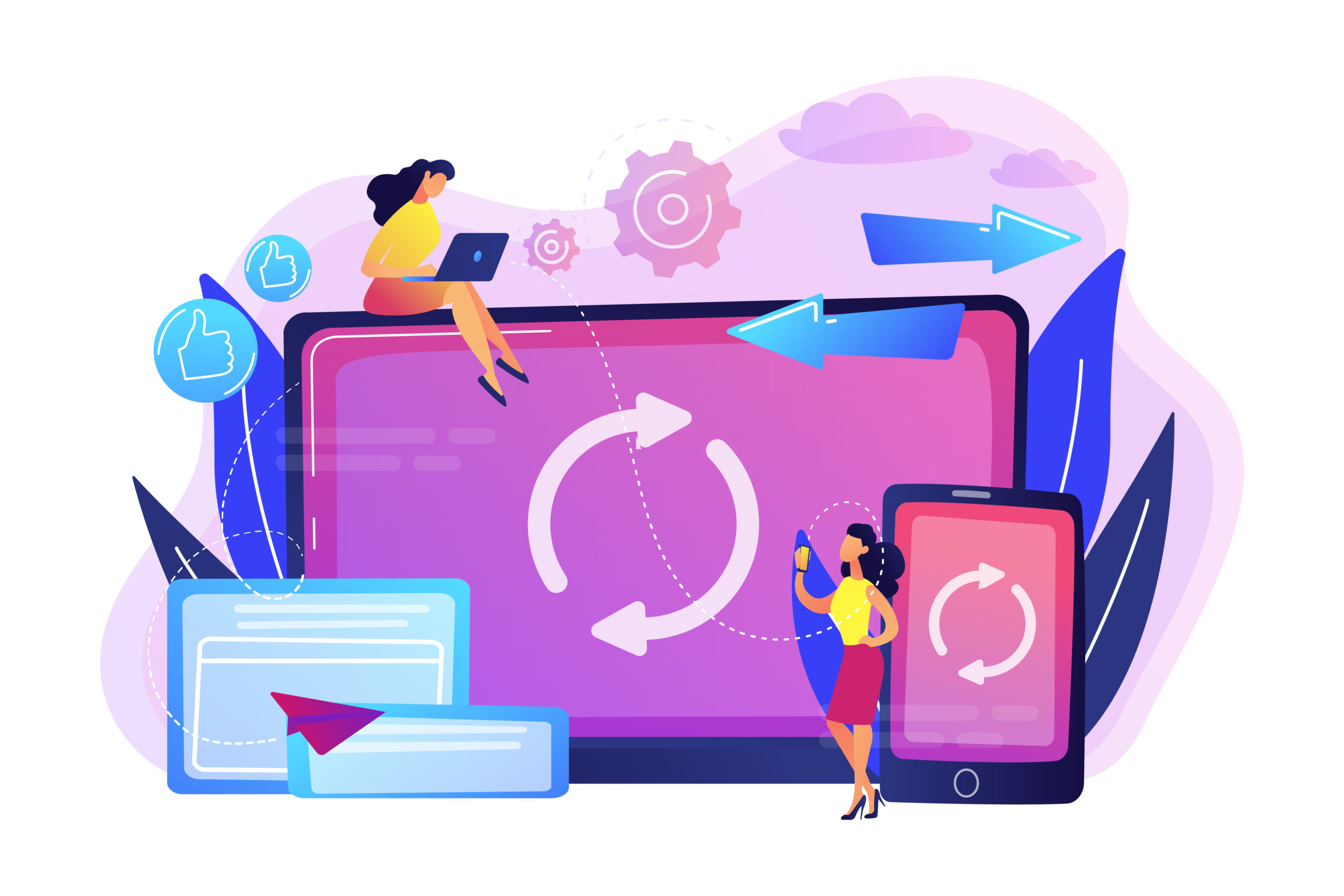 User with laptop and smartphone synchronizing. Cross-device syncing, cross-device synchronization and operation concept on white background. Bright vibrant violet vector isolated illustration