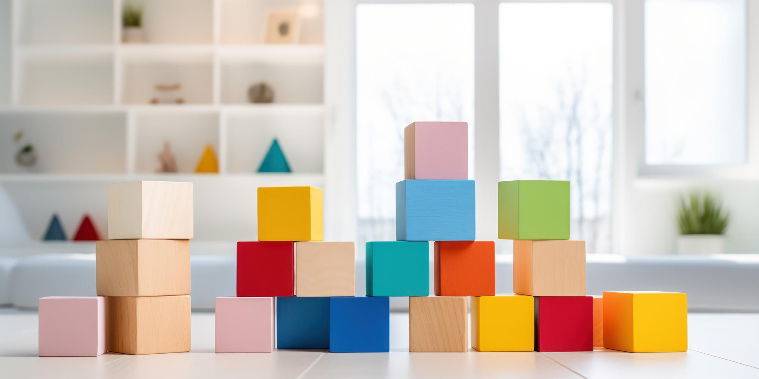 Arrangement of vibrant wooden blocks in a wide display- professionals