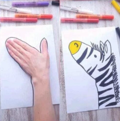 zebra drawn by drawing around the hand on the paper