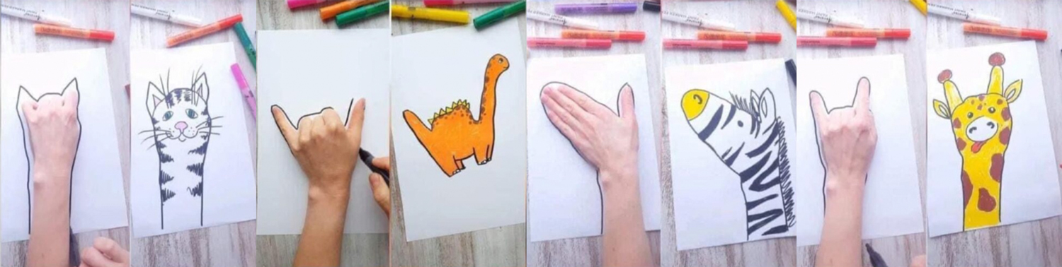 cat dinosaur giraffe zebra drawn by drawing around the hand on the paper
