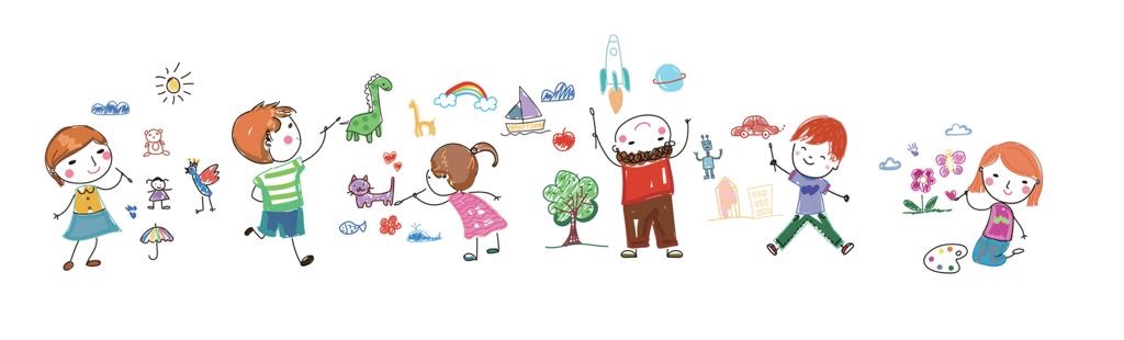 illustrated drawing of many children playing the power of play the treasure basket association